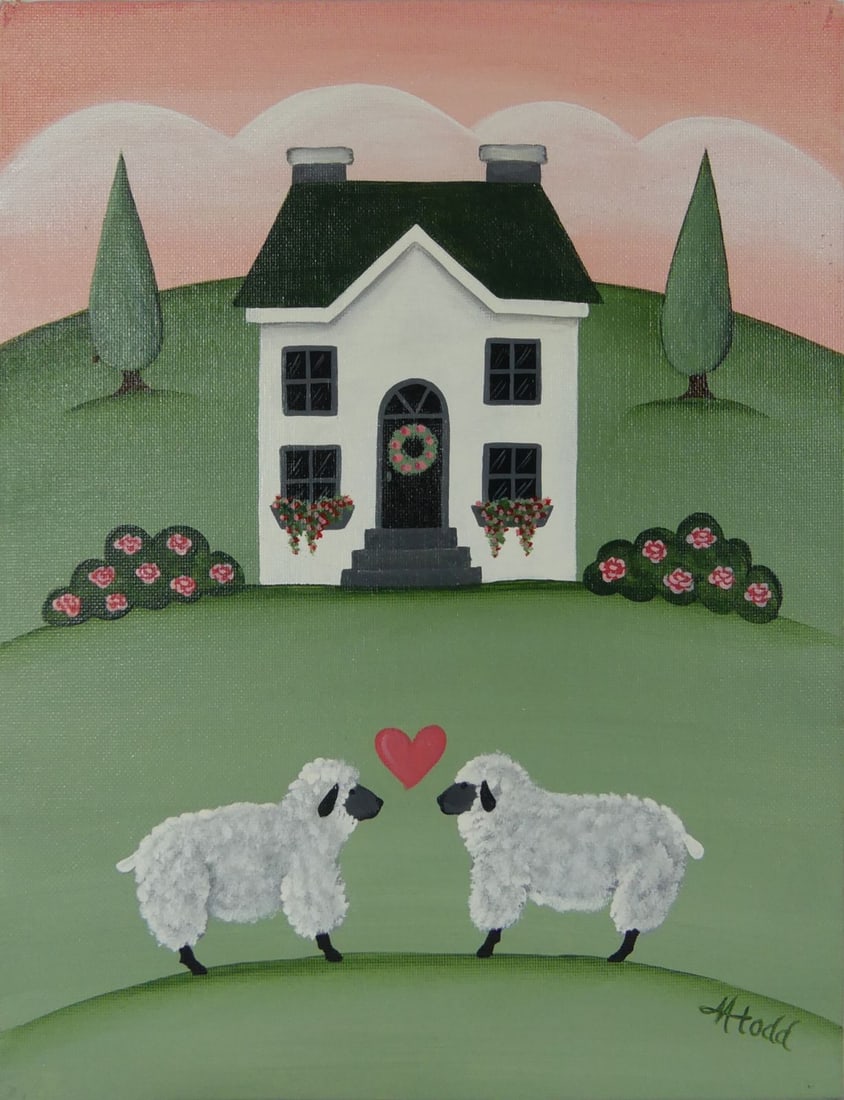 KAREN TODD FOLK ART OIL PAINTING ON BOARD: Karen Todd Folk Art oil painting on canvas board depicting two sheep in front of a farmhouse. Signed lower right. Measures 14" x 10 7/8".