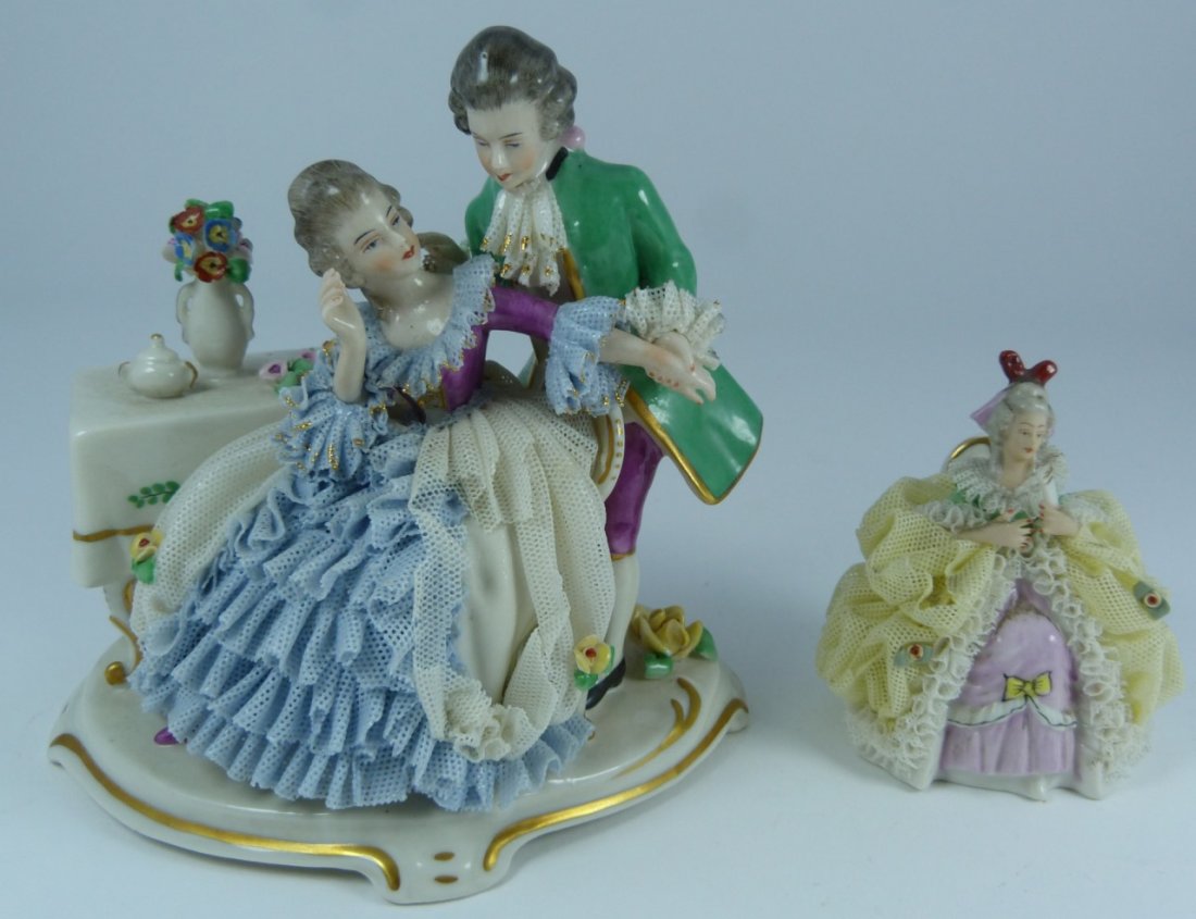 TWO DRESDEN LACE PORCELAIN FIGURINES (1 of 6)