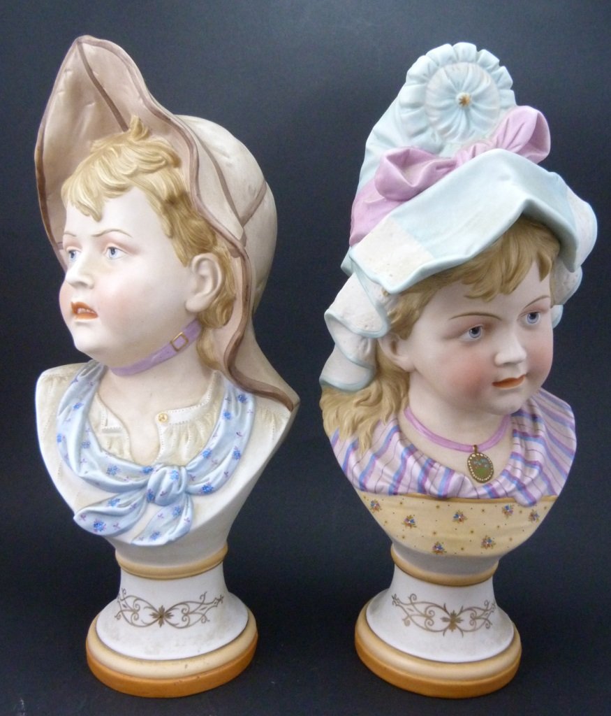 PAIR LARGE GERMAN HEUBACH STYLE BISQUE BUSTS (1 of 9)