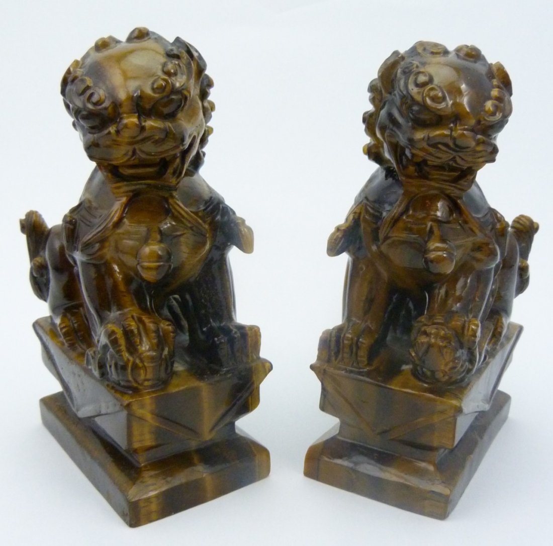 PAIR CHINESE TIGER EYE CARVED FOO LION SCULPTURES (1 of 7)