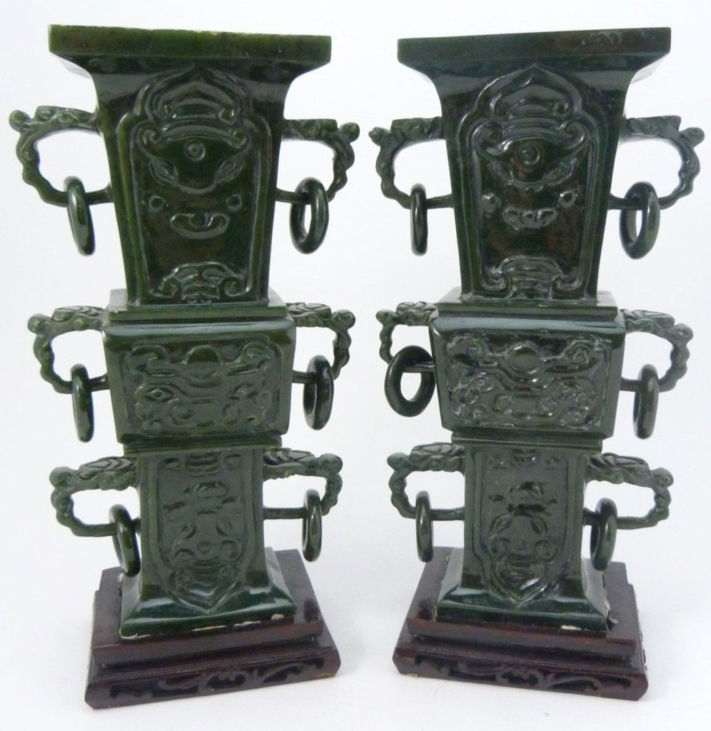PAIR OF LARGE CHINESE SPINACH JADE URNS (1 of 9)