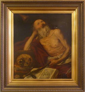 17TH C OLD MASTERS ITALIAN ST. JEROME OIL PAINTING: 17th century, museum quality, Italian School old master oil painting on canvas depicting Saint Jerome. Canvas has been relined. Measures 26" (66.04cm) height by 23" (58.42cm) width plus 5" (12.7cm) fr