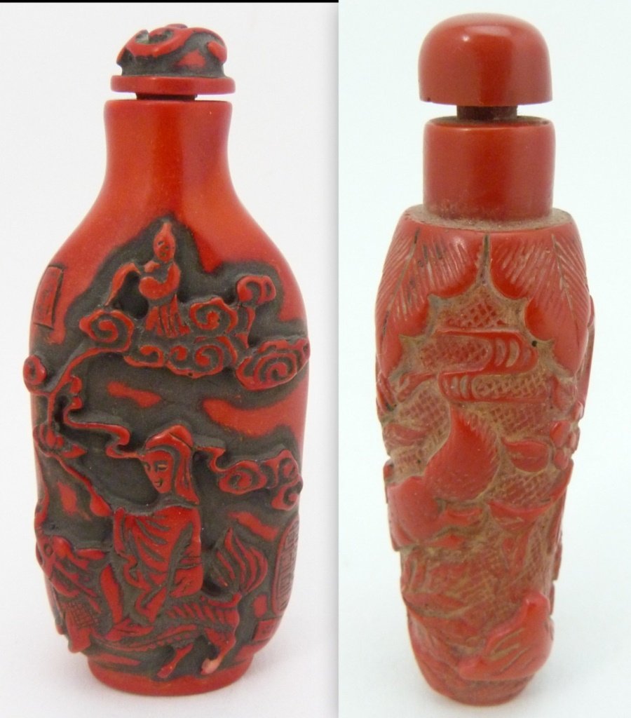 TWO CHINESE CARVED RED CORAL SNUFF BOTTLES (1 of 10)