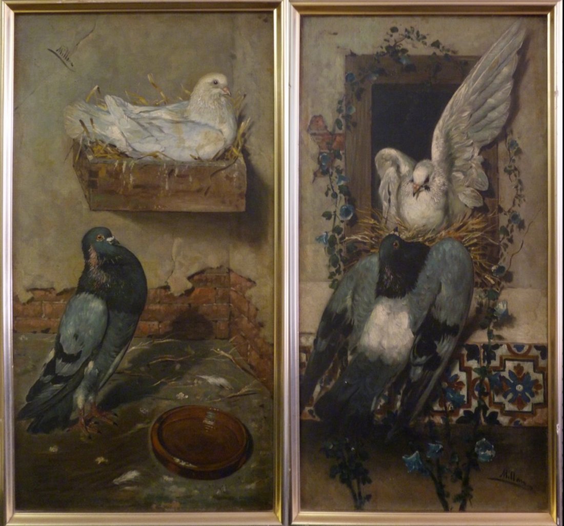 PAIR SIGNED "MILLAN" ANTIQUE OIL PAINTING OF BIRDS (1 of 10)