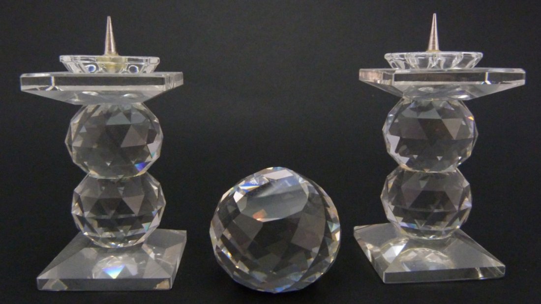 THREE SWAROVSKI CRYSTAL CANDLESTICKS & DISPLAY