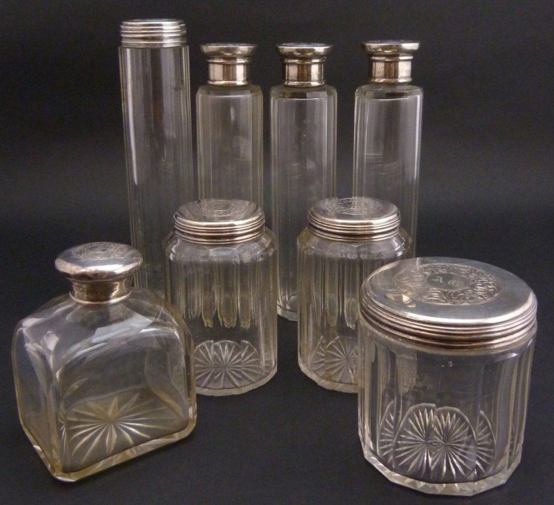8 ANTIQUE ENGLISH SILVER & CRYSTAL VANITY BOTTLES (1 of 3)