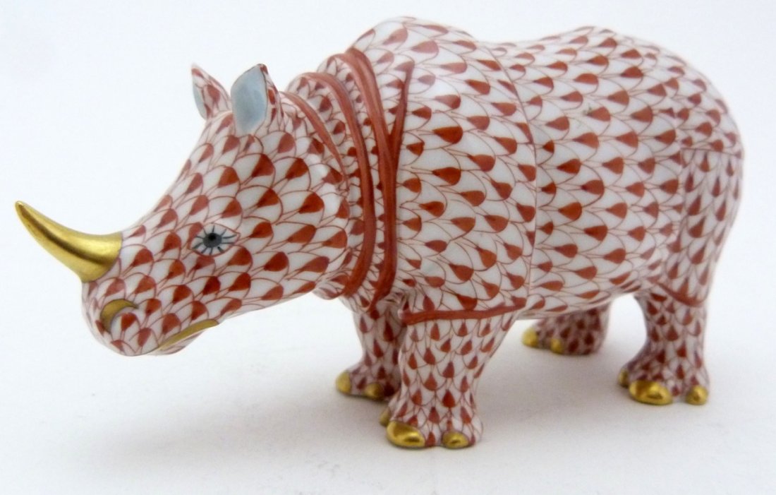 LARGE HEREND RED FISHNET PORCELAIN RHINO FIGURE (1 of 7)
