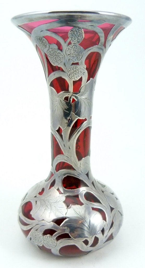 1906 STERLING SILVER OVERLAY CRANBERRY GLASS VASE