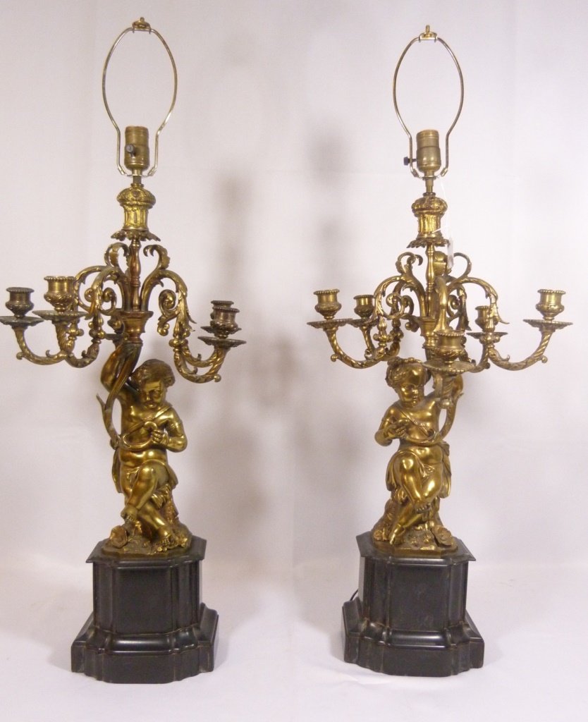 BRONZE PUTTI FIGURAL CANDELABRA LAMPS (1 of 10)