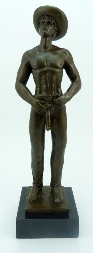 EROTIC NUDE BRONZE COWBOY SCULPTURE SIGNED: Erotic nude bronze cowboy figure with exposed phallus. He is wearing pants and a hat. Signed M. Nick. Measures 13" (33.02cm) height by 3 1/2" (8.89cm) width, total weight 1859.5g.
