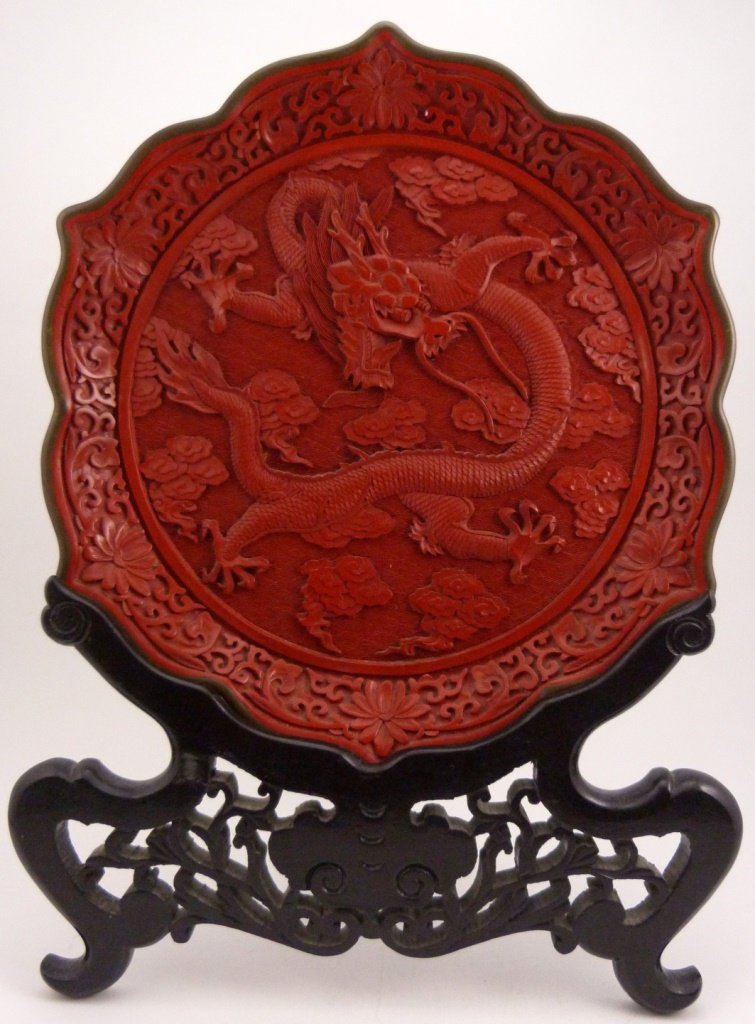 CHINESE CINNABAR DRAGON CHARGER w CARVED STAND (1 of 7)