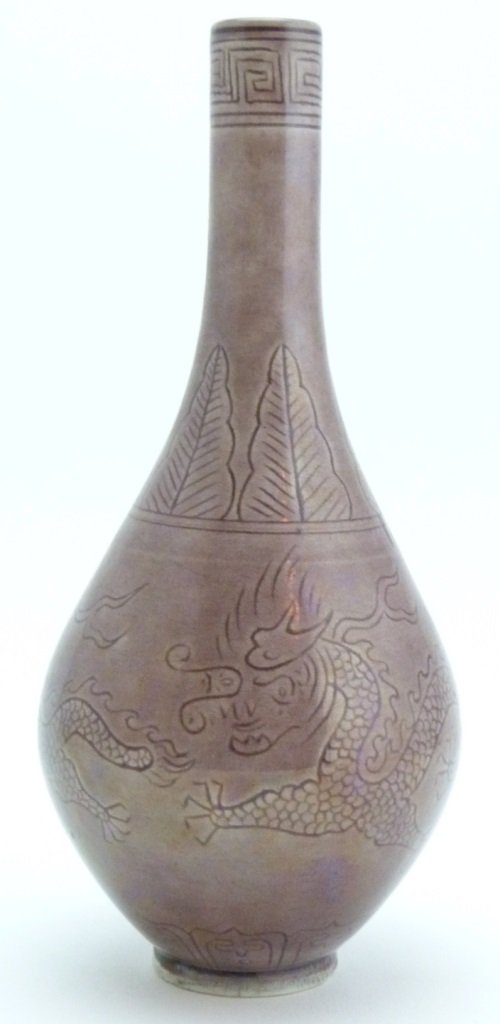 CHINESE PURPLE GLAZED DRAGON BOTTLE VASE (1 of 6)