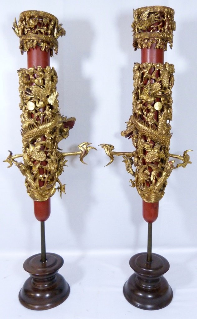 CHINESE CARVED GILT WOOD HIGH RELIEF CANDLESTICKS (1 of 10)