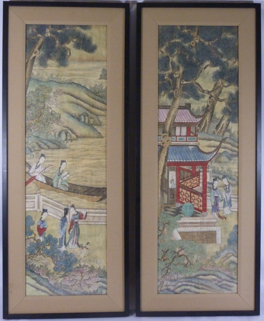 CHINESE ANTIQUE LARGE WATERCOLOR PAINTINGS: Large antique Chinese watercolor paintings on paper depicting village scenes. Each measure 37" (94cmm) height by 11"(28cm) width.