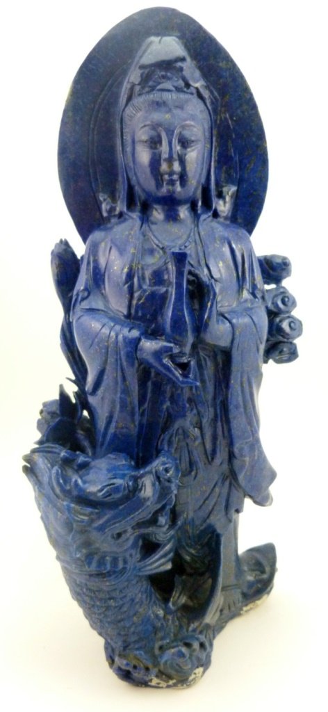 CHINESE LARGE LAPIS QUAN YIN w FOO LION CARVING (1 of 7)