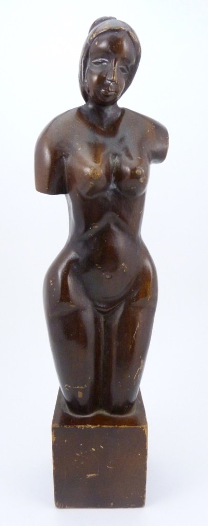 CHANA ORLOFF CARVED WOOD SCULPTURE: After Chana Orloff (1888-1968) hand carved wood sculpture depicting a nude subject. Holds signature to bottom. Measures 16' (41cm) height by 3" (8cm) weight, total weight 828g.