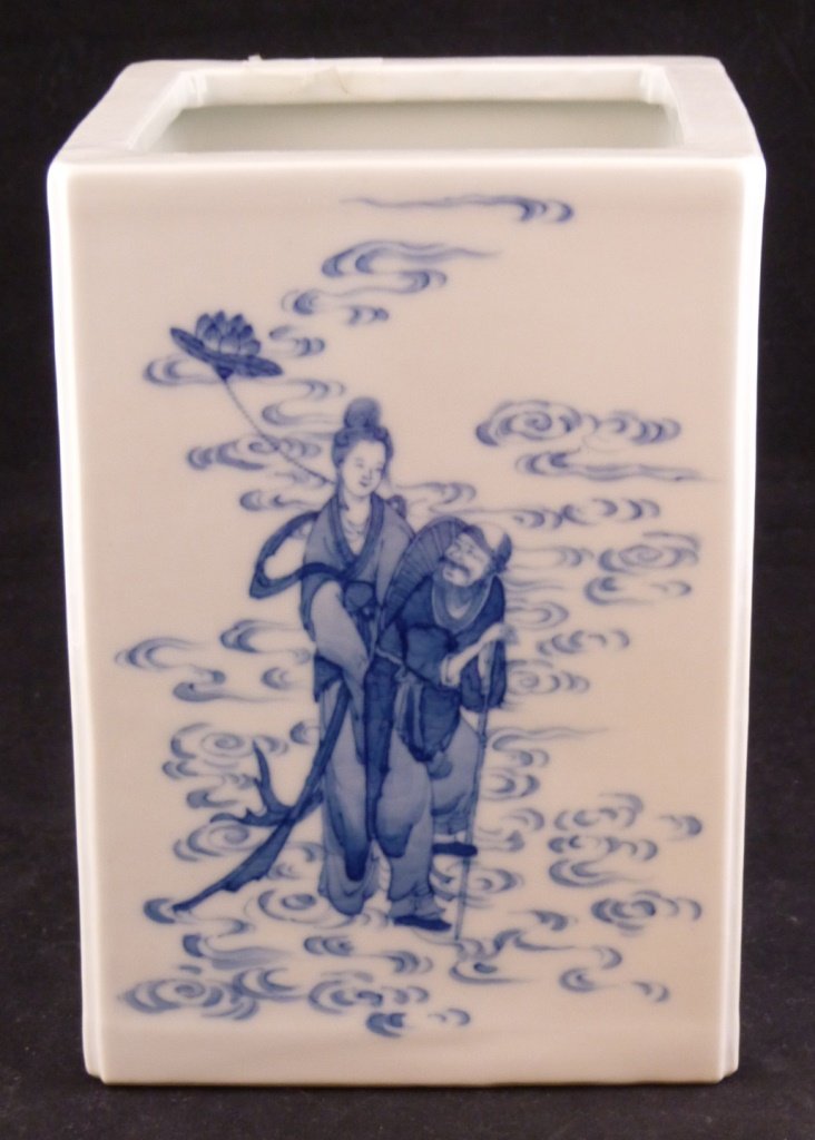 CHINESE YONGZHENG SQUARE BLUE & WHITE BRUSH POT (1 of 7)