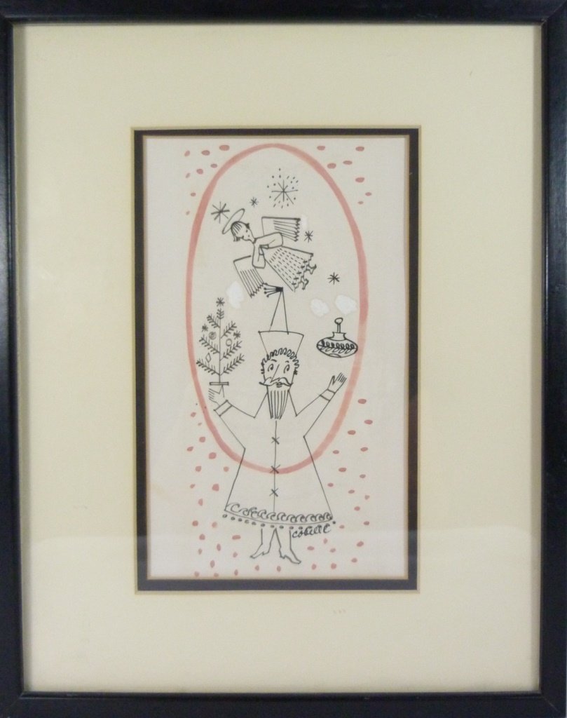 CHARLES COBELLE INK & WATERCOLOR: This is a rare ink and watercolor advertisement drawing on paper depicting a seasonal scene. Measures 9" (23cm) height by 5" (13cm) width plus 3" (8cm) matte & frame. Charles Cobelle (1902-1994), born