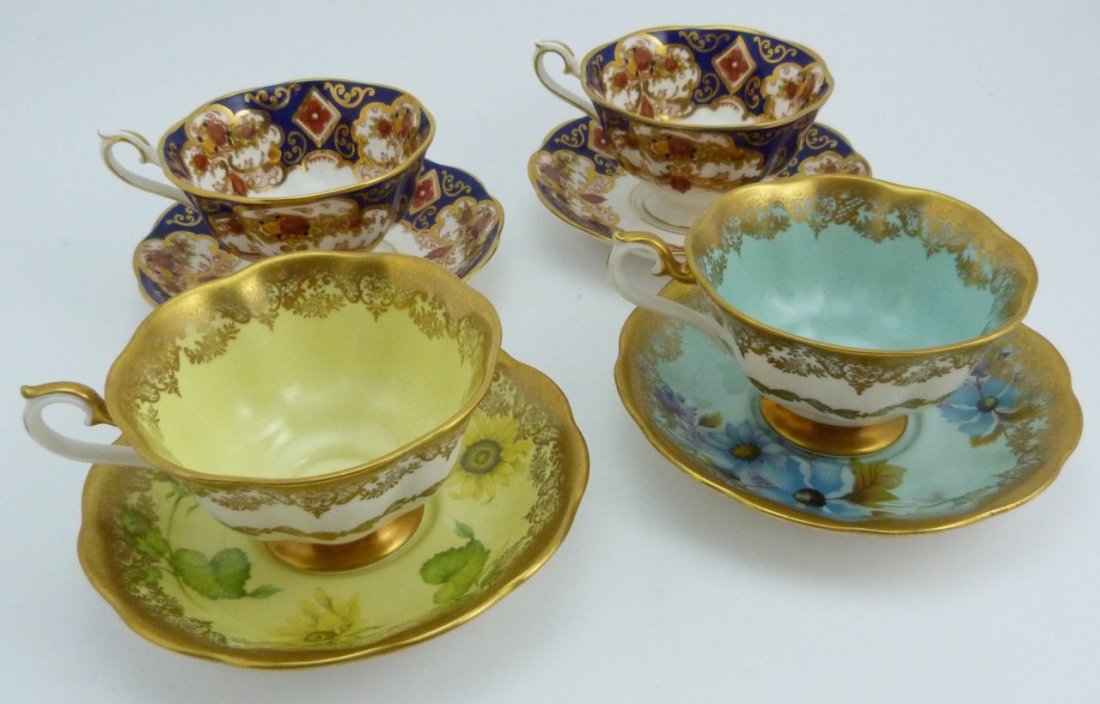 FOUR ROYAL ALBERT BONE CHINA TEA CUPS w SAUCERS: Four Royal Albert bone china tea cups with saucers including patterns "portrait series" & "heirloom". Tea cups measures 2" (5cm) height by 4" (10cm) diameter & saucers measures 5" (13cm) diameter, tot