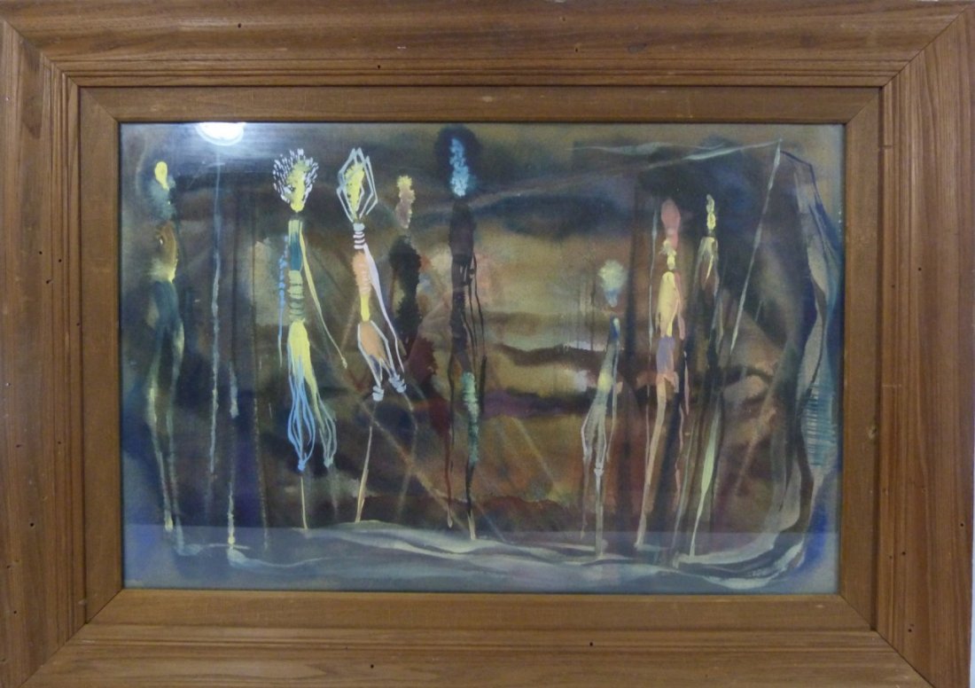 PATRICK ARCHER GOUACHE ON PAPER: Patrick Archer (California/Florida, born 1926 - ) gouache on paper depicting abstract silhouettes. Measures 22" (56cm) width by 14" (36cm) height plus 4" frame.