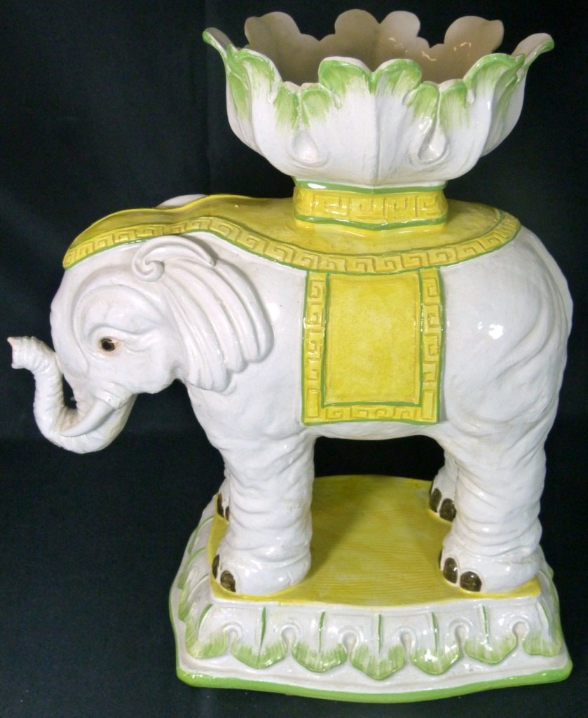 VINTAGE ITALIAN CERAMIC ELEPHANT PLANTER: Vintage Italian ceramic Hollywood Regency style elephant planter. Measures 17" (43cm) height by 15" (38cm) length.
