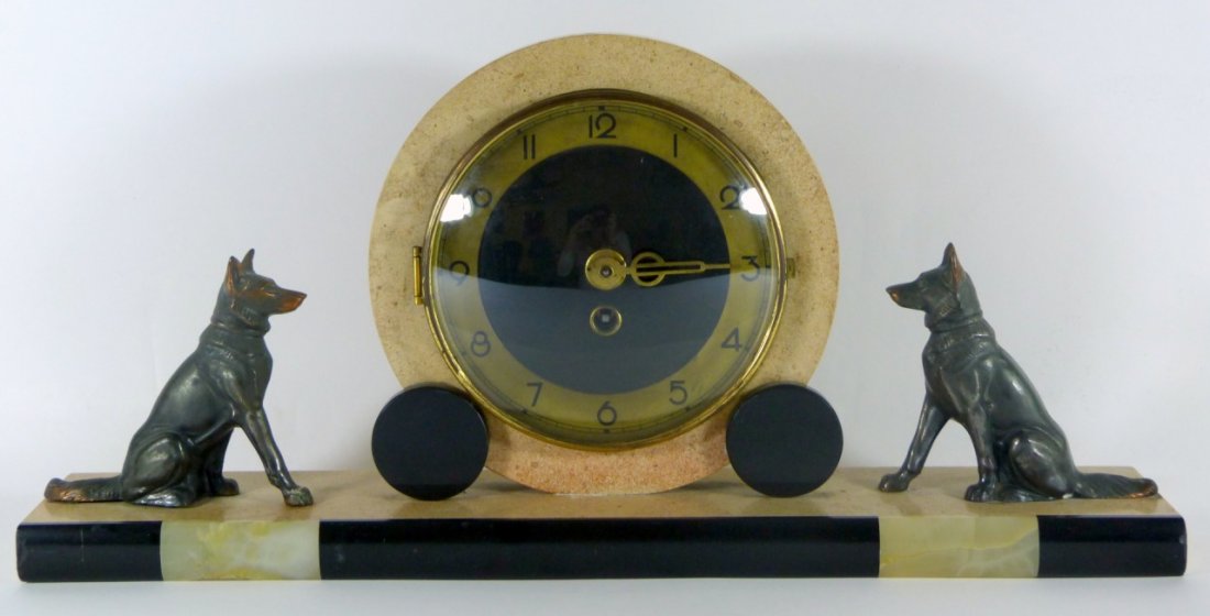 CONTINENTAL WHITE METAL DOGS & MARBLE ONYX CLOCK (1 of 9)