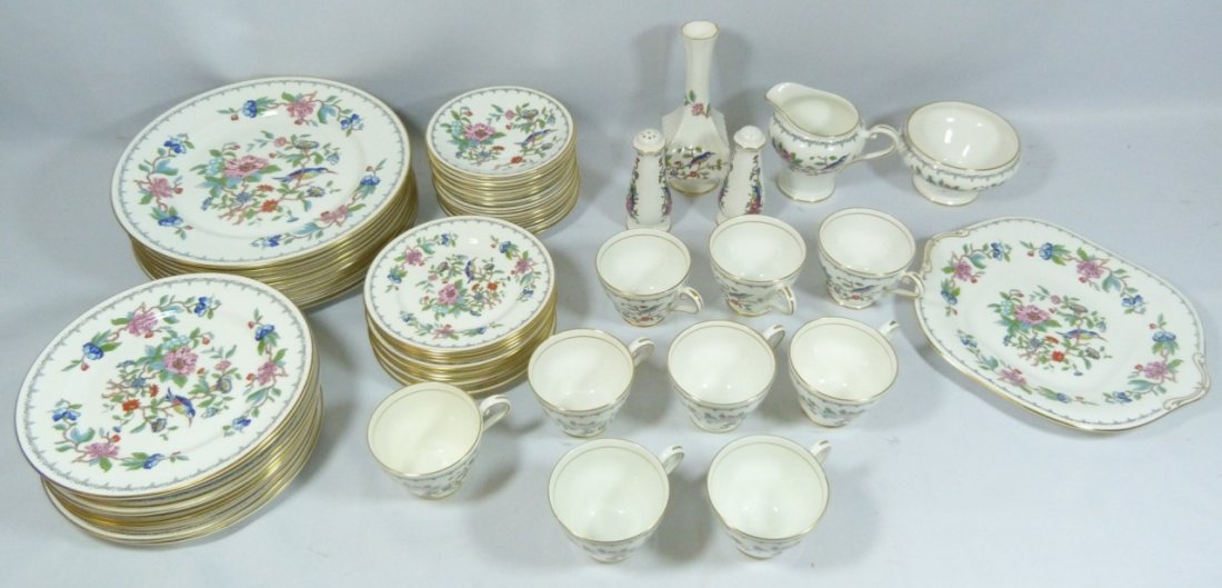 59pc AYNSLEY ENGLISH BONE CHINA "PEMBROKE" SET: 59 pieces Aynsley English bone china set "Pembroke" pattern. This is a reproduction from the 19th century design. Measurements: Large plates 10 1/2" diameter, Salad plates 8" diameter, Dessert plates 