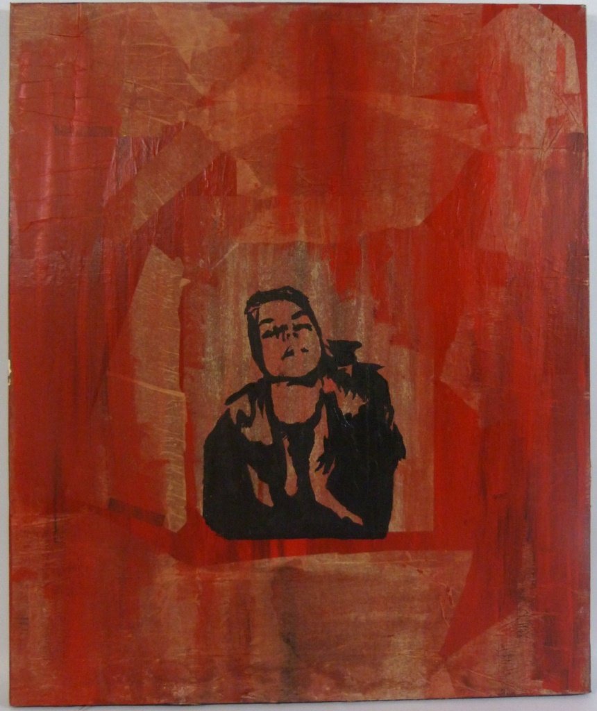 MODERN STREET STYLE PAPIER MACHE STENCIL ART: Modern street style papier mache stencil art on canvas, circa 20th century. Measures 24" (61cm) height by 20" (51cm) width.