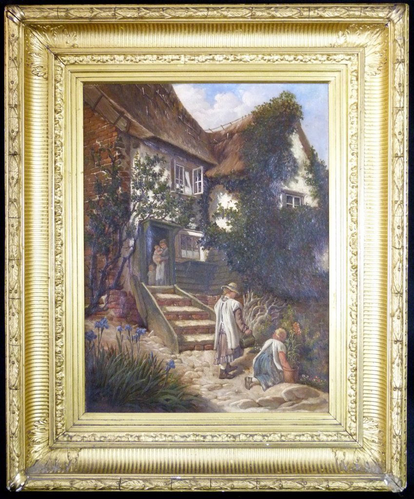 ANTIQUE DUTCH SCHOOL OIL PAINTNG ON CANVAS: Antique Dutch school oil painting on canvas titled "Happy Childhood Days" depicting children planting flowers while mother tends to her infants. Circa mid to late 19th century. Measures 16" (41cm) hei