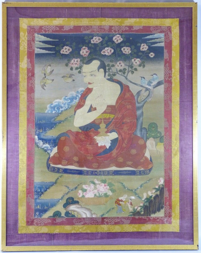 TIBETAN HAND PAINTED THANKA ON SILK/COTTON: Tibetan hand painted Thangka on silk or cotton depicting a Buddhist deity, scene, or mandala. Purchased from the collector in the 80's from a gallery. Measures in frame 39" (99cm) height by 31" (79cm)