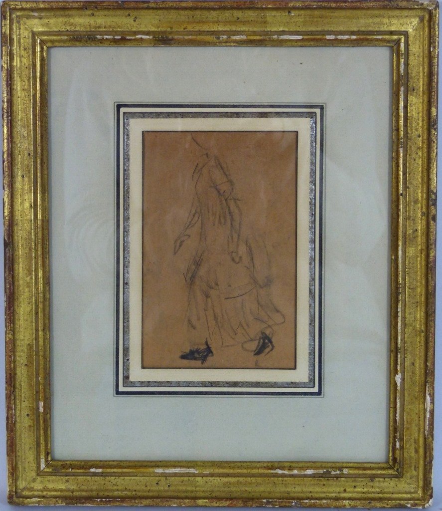 WILLIAM GLACKENS CHARCOAL PENCIL "WOMAN WALKING": William James Glackens (American, 1870-1938) charcoal pencil titled "Woman Walking." This piece was purchased from Davis Galleries in New York City. Measures 4 3/4" (12cm) height x 3 1/4" (8.2cm) widt