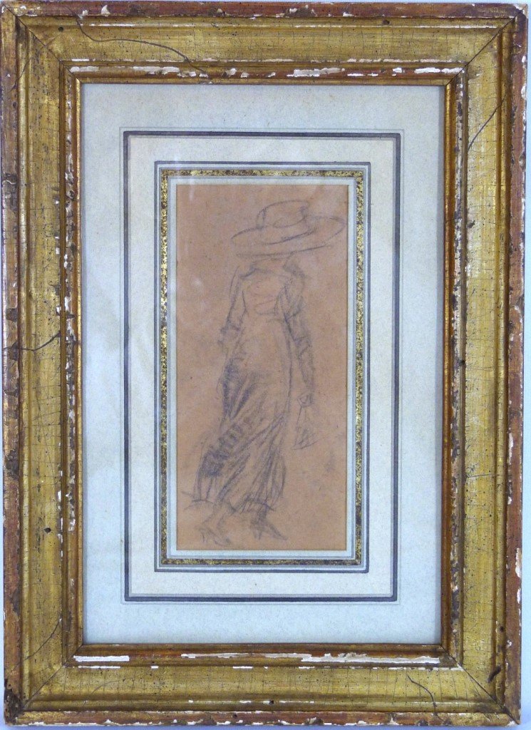 WILLIAM GLACKENS CHARCOAL PENCIL LADY WALKING: William James Glackens (American, 1870-1938) charcoal pencil depicts a lady in a hat walking with a bag in hand. Titled to verso illegible. This piece was purchased from Davis Galleries in New York Ci