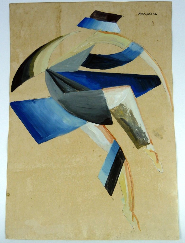 ALEXANDER ARCHIPENKO MIXED MEDIA ON PAPER: Alexander Archipenko (Russian-Ukrainian 1887-1964) mixed media including pencil,acrylic, and watercolor on paper depicting a figure in motion. Believed to be painted in the eartly 20th century in the