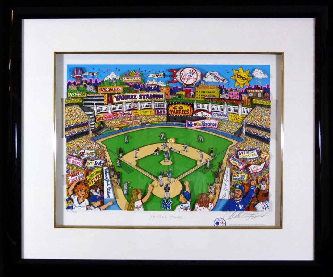 CHARLES FAZZINO YANKEE FEVER 3D POP ART SERIGRAPH: Charles Fazzino "Yankee Fever" 3D serigraph depicting Yankee stadium. Signed lower right. Measures 18 1/2" (47cm) width x 14" (35.5cm) height + 4 1/2" (11.5cm) mat & frame.