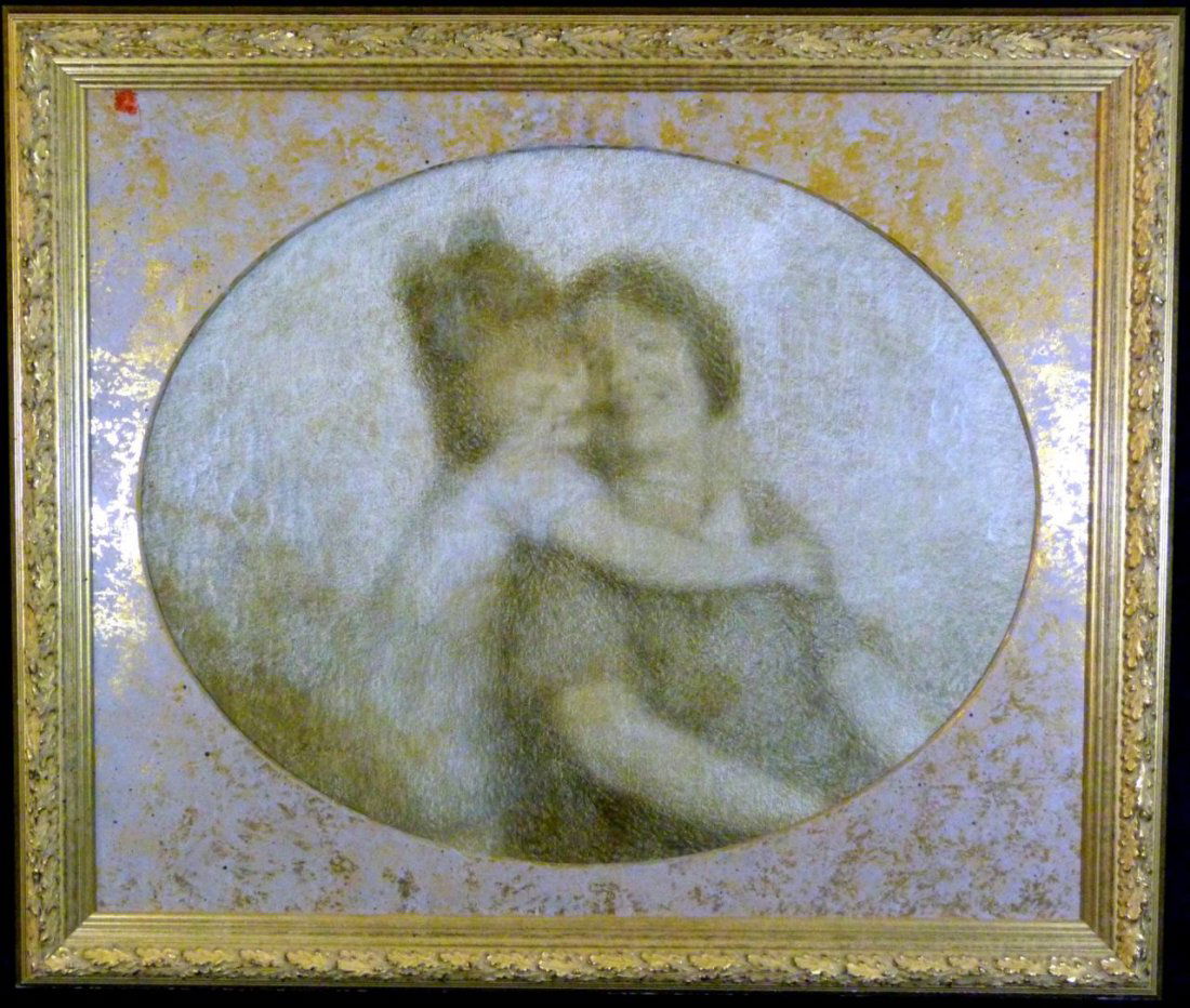 LUCIEN BOULIER OIL PAINTING ON CANVAS: Lucien Boulier (French, 1882 - 1963) oil painting on canvas depicting a mother and daughter. Measures 30 1/2" (77.5cm) x 24 1/2" (62cm) + 5" (12.5cm) mat & frame.