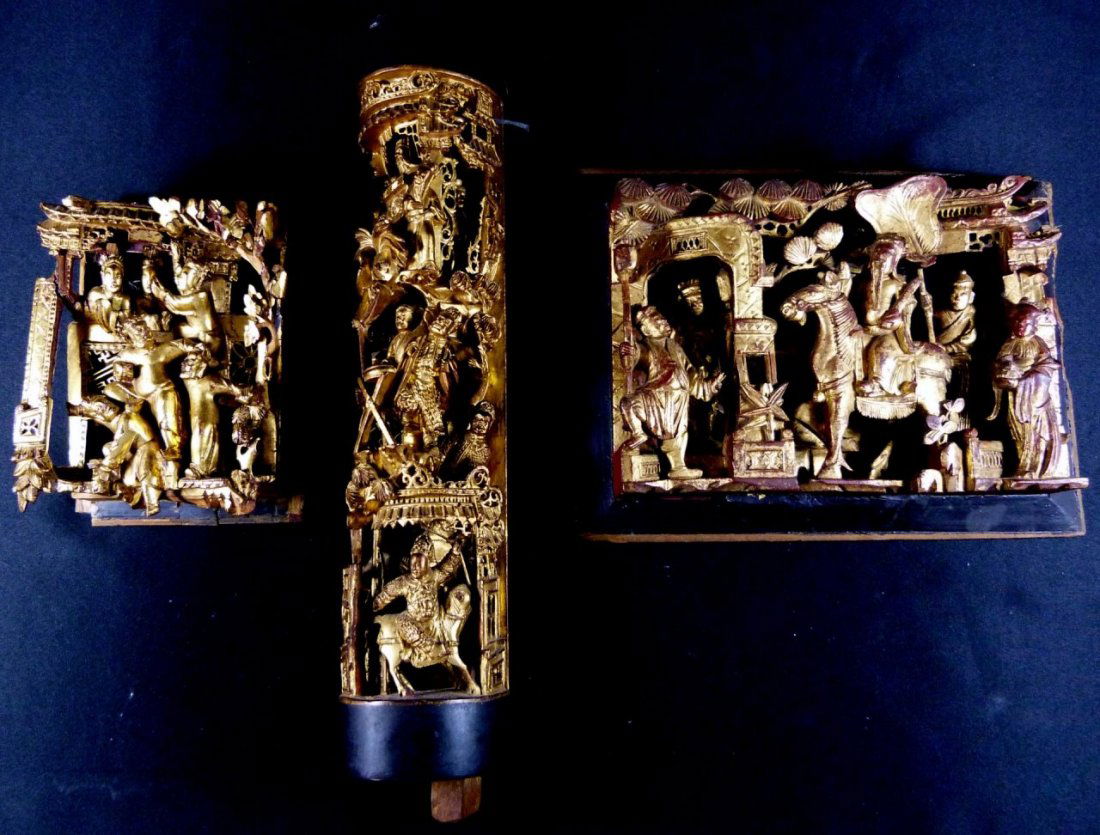 THREE CHINESE GOLD GILT TEMPLE DOOR CARVINGS (1 of 10)