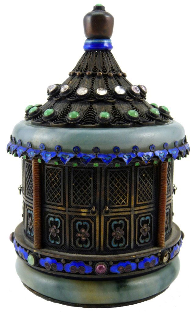 CHINESE FILIGREE SILVER ENAMEL & JADE TEA CADDY (1 of 10)