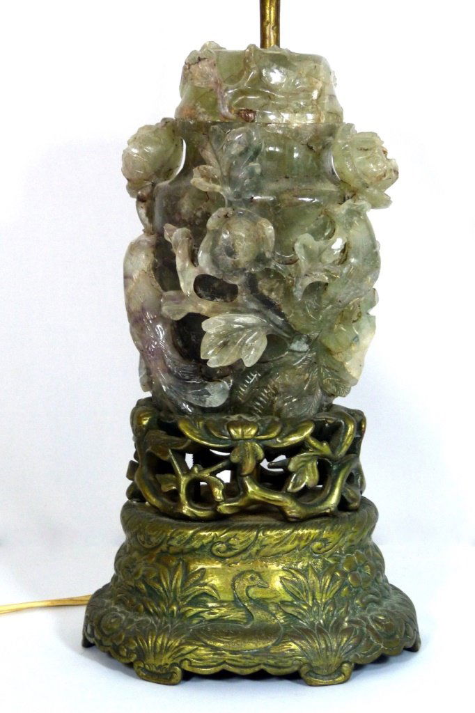 CHINESE CARVED GREEN QUARTZ LIDDED URN LAMP (1 of 10)