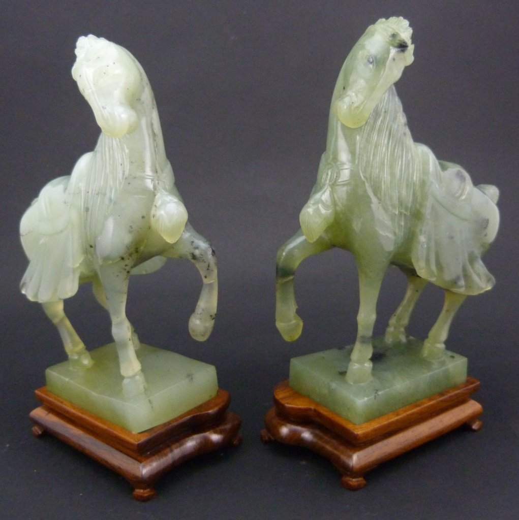 PAIR CHINESE SERPENTINE JADE HORSE CARVINGS (1 of 8)