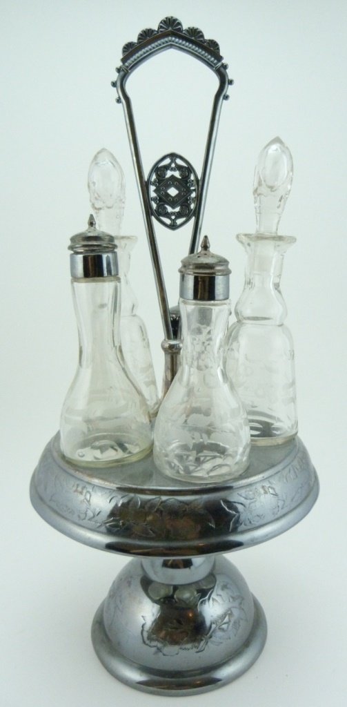 ANTIQUE 6 PC SILVERPLATE & CRYSTAL CRUET SET (1 of 6)