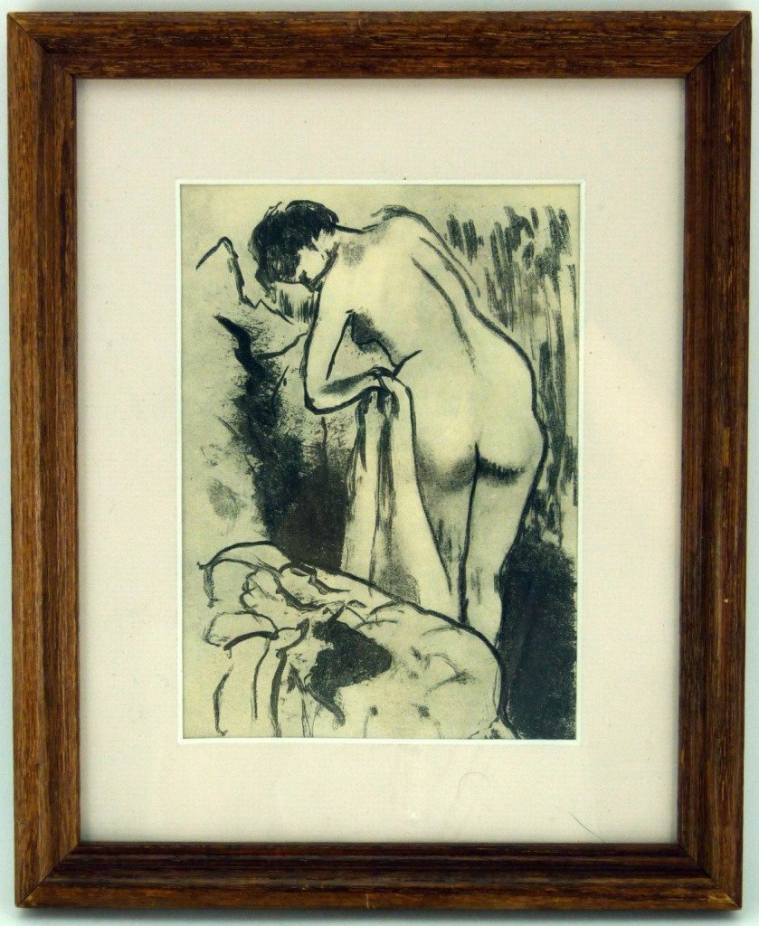 EDGAR DEGAS "NUDE" MONOTYPE: Edgar Degas after the "Nude" monotype from the Ambrose Vollard Collection, Doucer Library, Paris, France. Measures 7" (18cm) height by 5" (13cm) width plus approx 2" (5cm) frame.