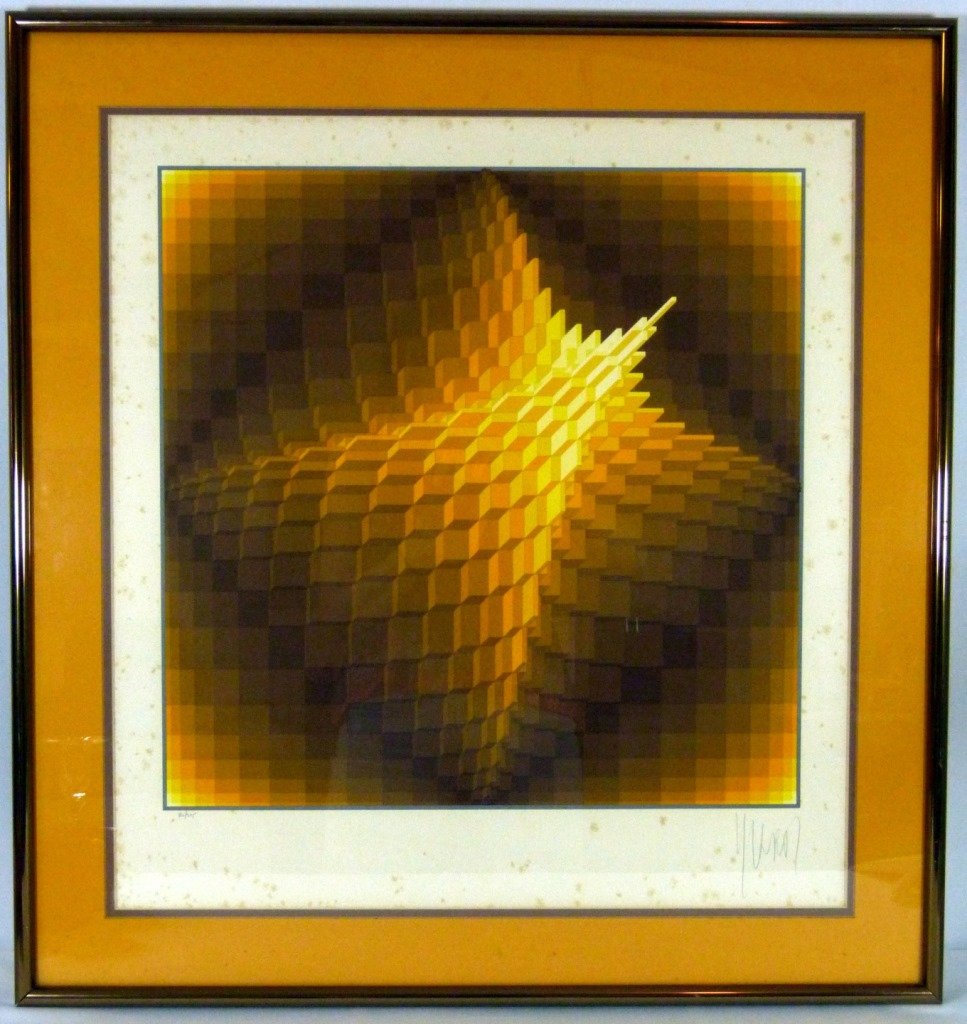 JEAN PIERRE (VASARELY) YVARAL SILKSCREEN: Jean Pierre Yvaral (french,1934-2002) son of legendary Victor Vasarely, "Pyramid" silkscreen. Measures 23" (58cm) height by 22" (56cm) wide plus 3" frame & matting.