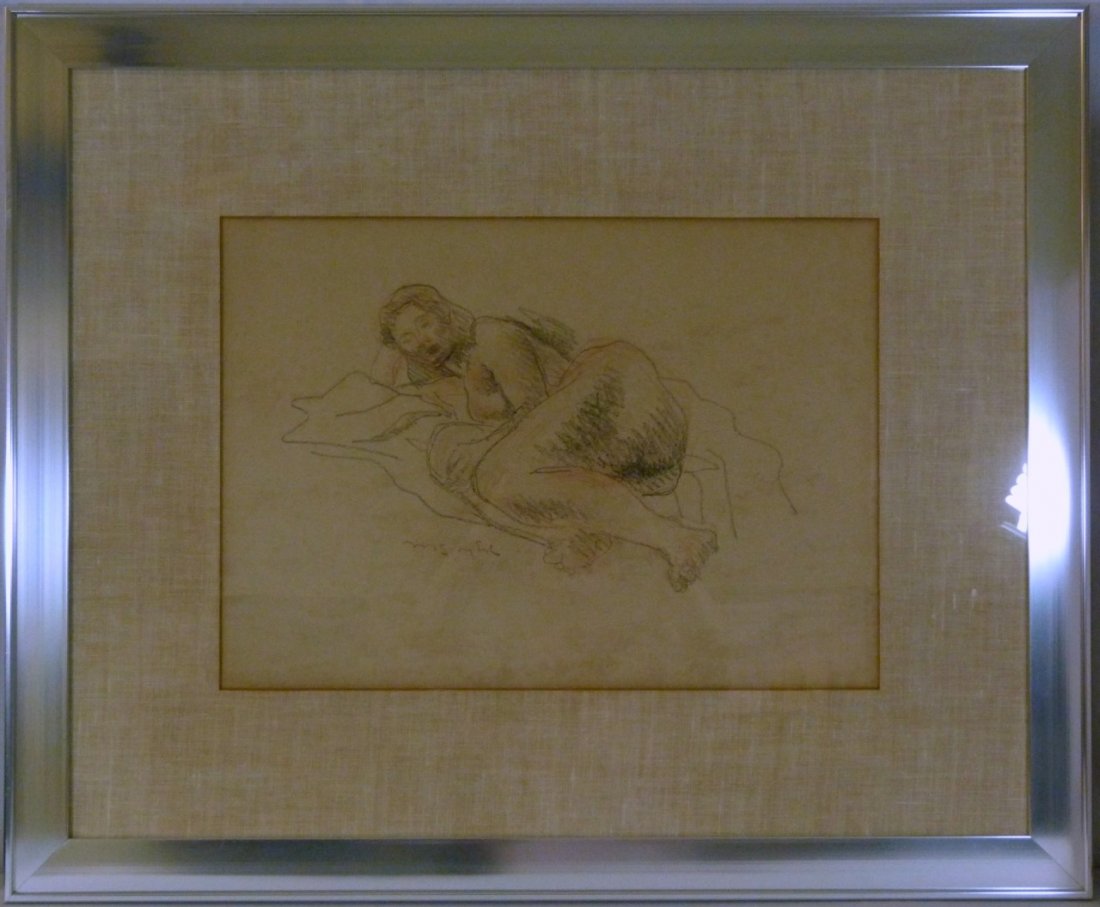 MOSES SOYER PENCIL DRAWING ON PAPER: Moses Soyer (American 1899-1987) pencil drawing on paper of a women lying down. Signed lower left under figure. Measures 21" (53cm) width by 15" (38cm) height plus 7" (18cm) frame and matting.