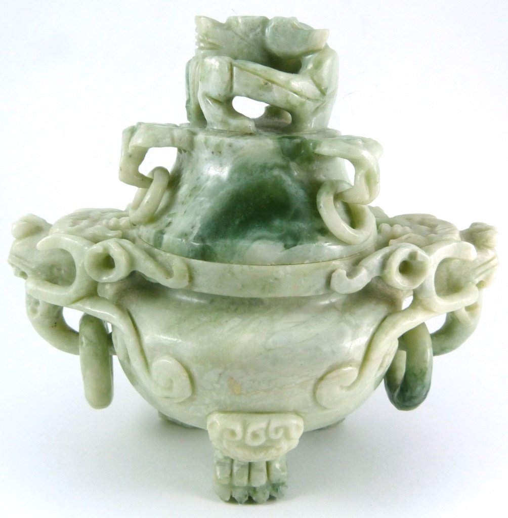 CHINESE CARVED DRAGON GREEN HARDSTONE CENSER (1 of 9)