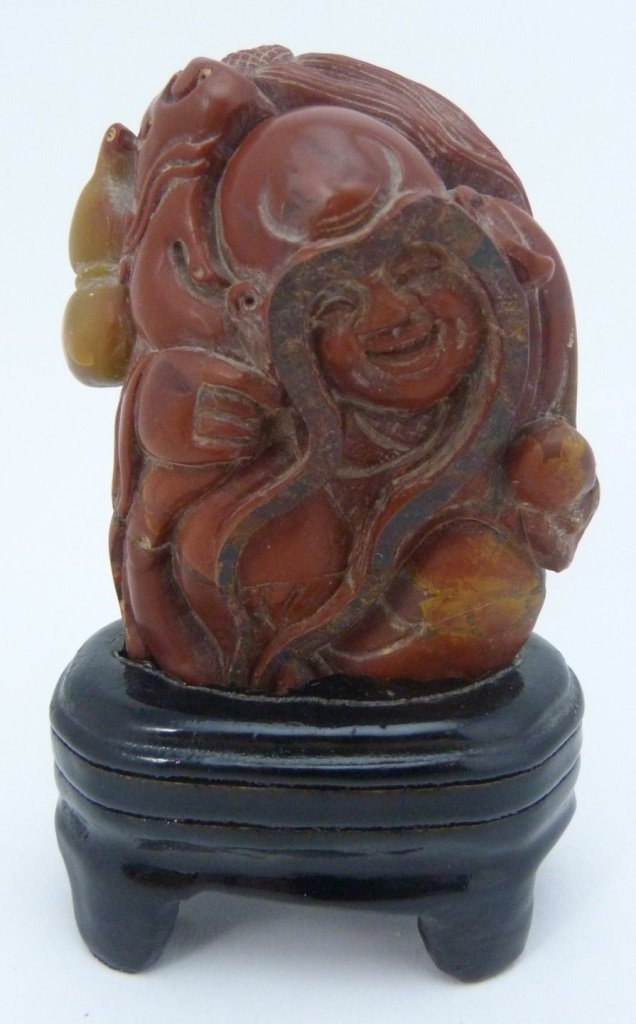 CHINESE SOAPSTONE CARVING OF HOTEI BUDDHA: Chinese soapstone carved Hotei Buddha. Measures 3" (7.62cm) height by 2" (5.08cm) width, total weight 128.6g.