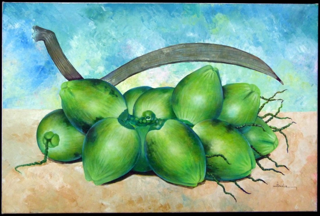 SPELALUE HAITIAN OIL PAINTING ON CANVAS COCONUTS: Haitian oil painting on canvas depicting coconuts. Signed Spelalue lower right. Measures 36" (91cm) width by 24" (61cm) height.