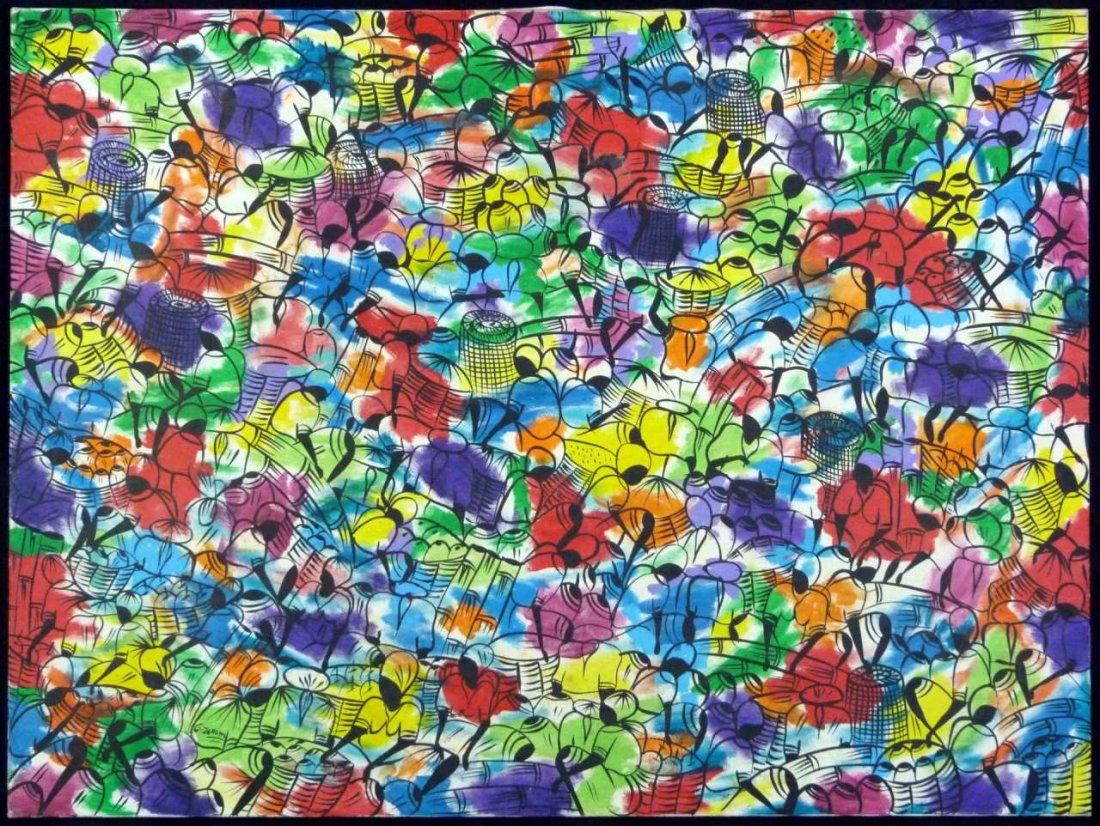 G. JEKAMEL HAITIAN OIL PAINTING ON CANVAS: Haitian artist "G. Jekamel" oil painting on canvas. Depicting many people in various poses in bright, vivid colors. Measures 40" (102cm) width by 30" (76cm) height.