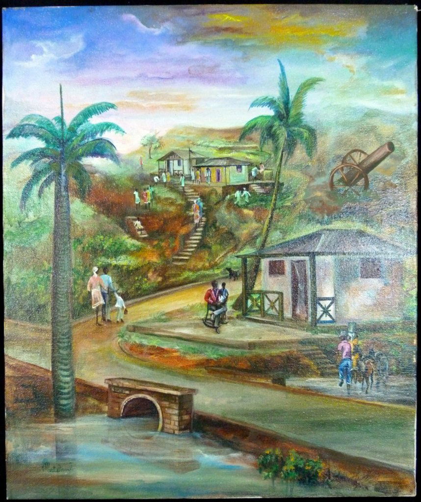 MARTIAL DORVIL HAITIAN OIL PAINTING ON CANVAS: Haitian artist Martial Dorvil oil painting of a village scene. Measures 24" (61cm) height by 20" (51cm) width.