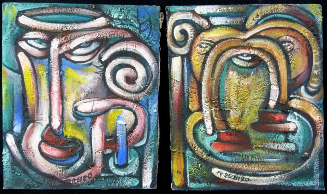 PAIR CUBAN SIGNED ABSTRACT OIL PAINTINGS ON CANVAS (1 of 10)