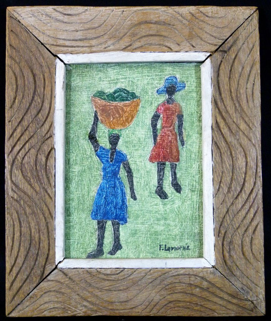 HAITIAN ACRYLIC PAINTING ON BOARD F. LAMORNE: Haitian acrylic painting on board depicting two women, one with a basket above her head. Signed F. Lamorne lower right. Measures 7 1/2" (19cm) height by 5" (13cm) width plus 2 1/4" (6cm) frame.